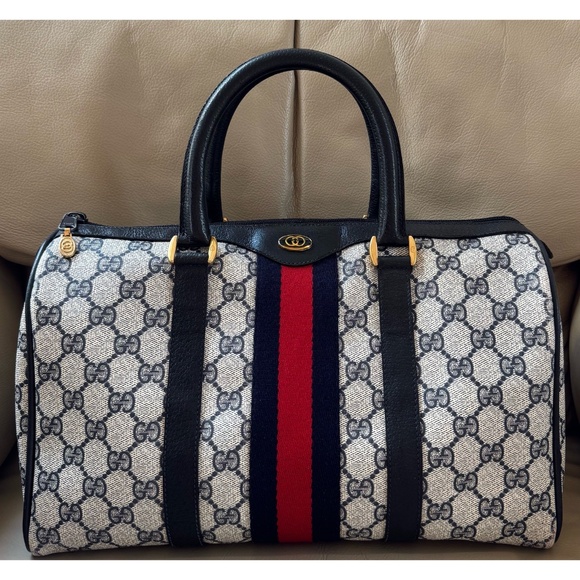 Authentic Vintage Gucci Web Sherry Line Monogram Canvas Leather Large Boston Bag - Picture 1 of 14